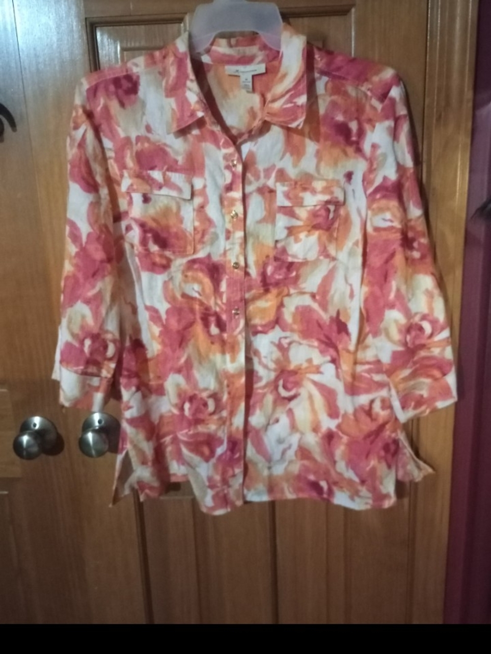 JM Collection Pink & Orange Floral Button-Front Blouse